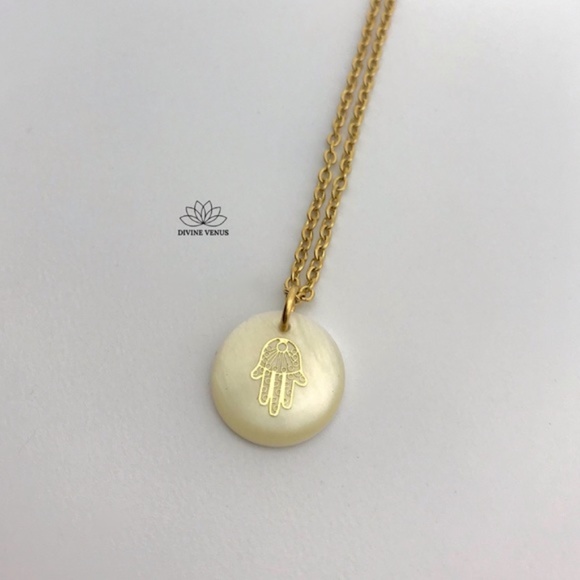 Freshwater Shell Hamsa Necklace | Stainless Steel - Picture 8 of 10